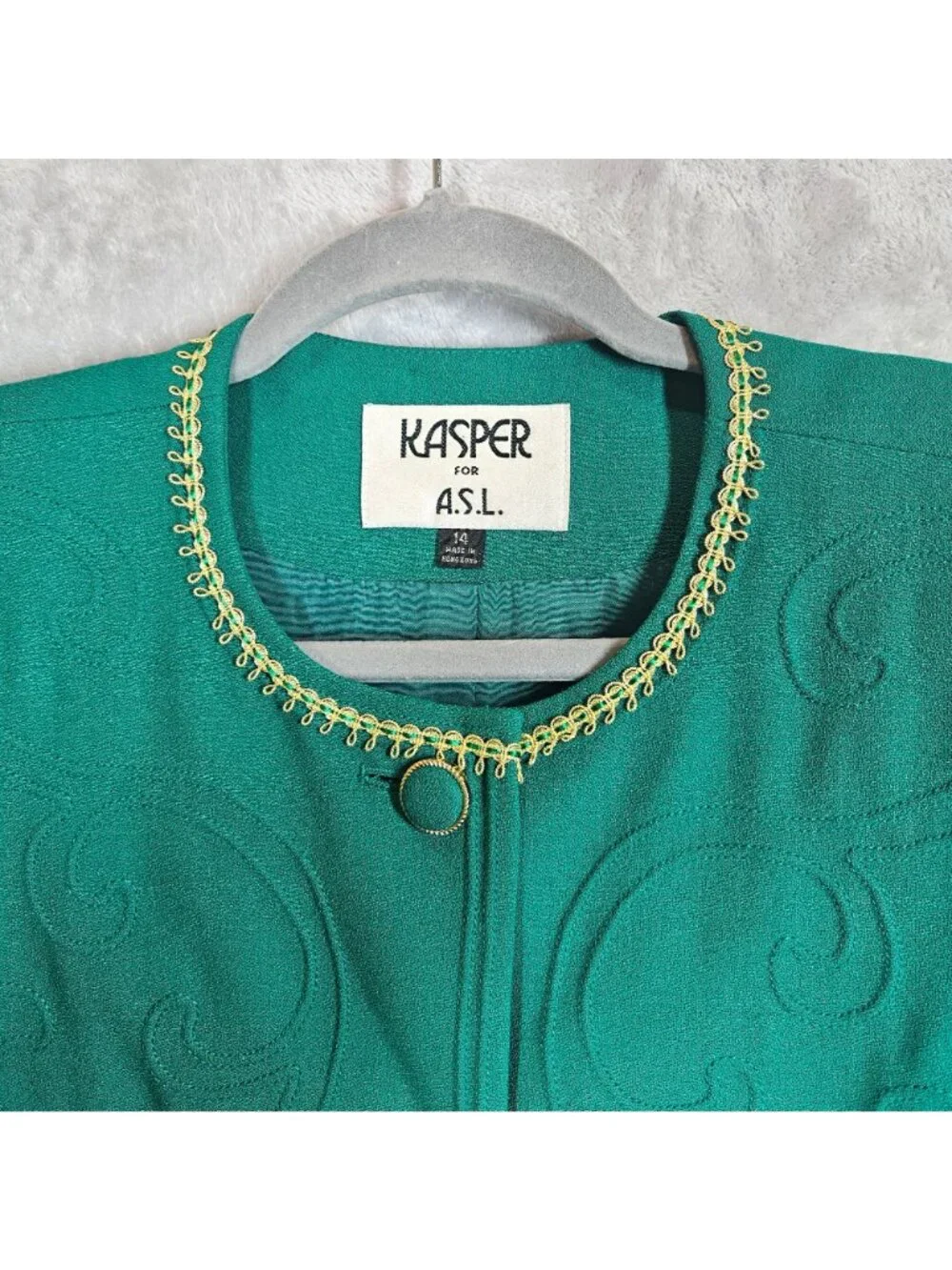 Kasper Womens 14 Green Embroidered Blazer Skirt Suit Set career formal